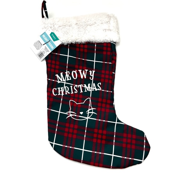 NWT Friscoe Cat Red Plaid Holiday Stocking "Meowy Christmas" Graphics - Picture 4 of 4